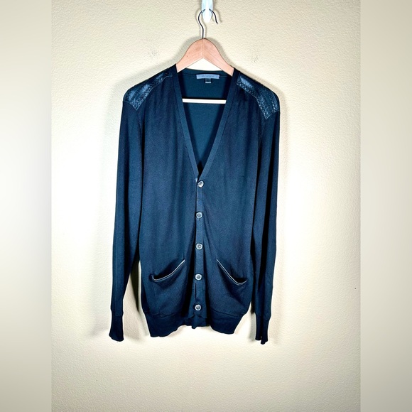 John Varvatos Men's Black Silk V-Neck Knit Cardigan with Leather Trim - Picture 3 of 10